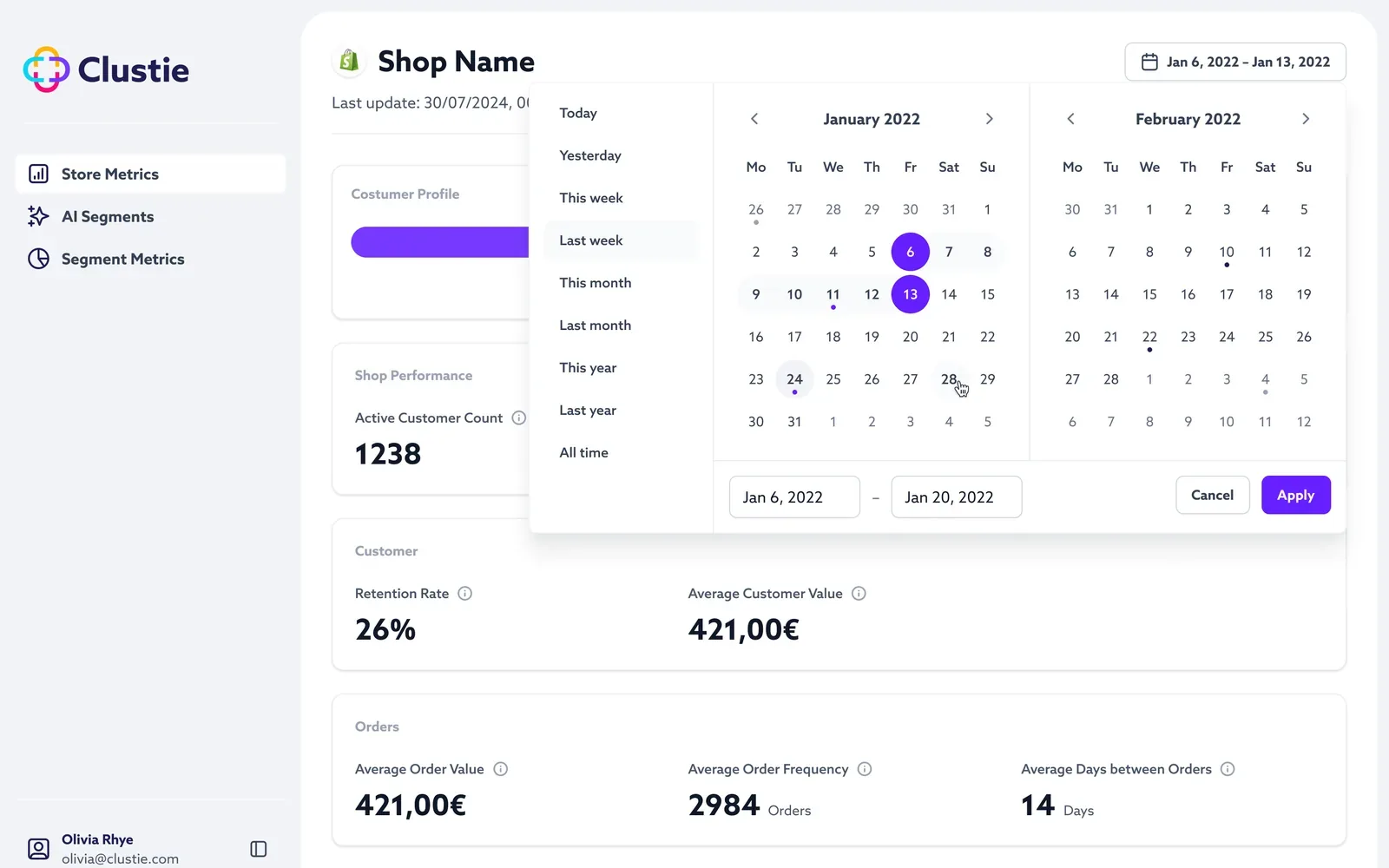 Dashboard with the date range picker open