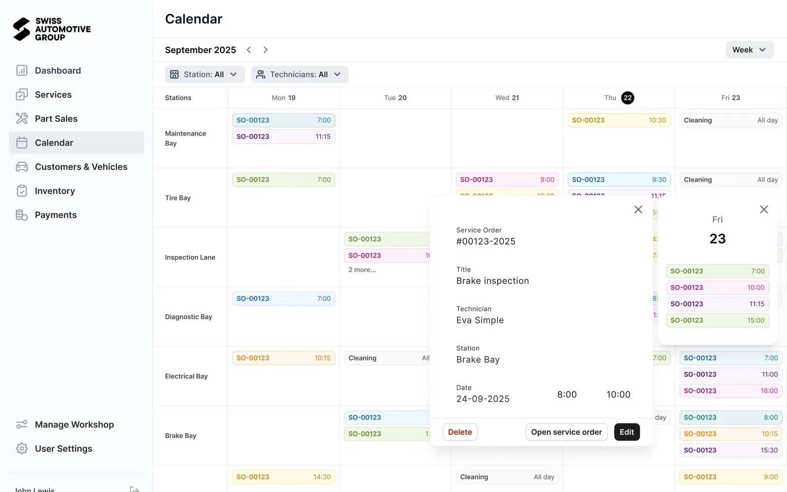 Week calendar of service orders across stations and technicians, with an order detail popover
