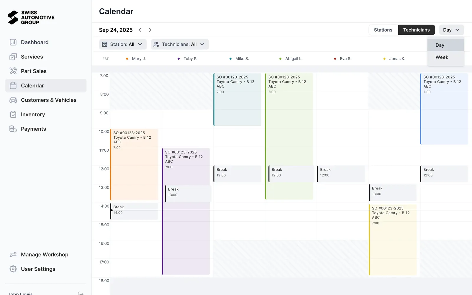 Day calendar with technicians' jobs laid out by hour