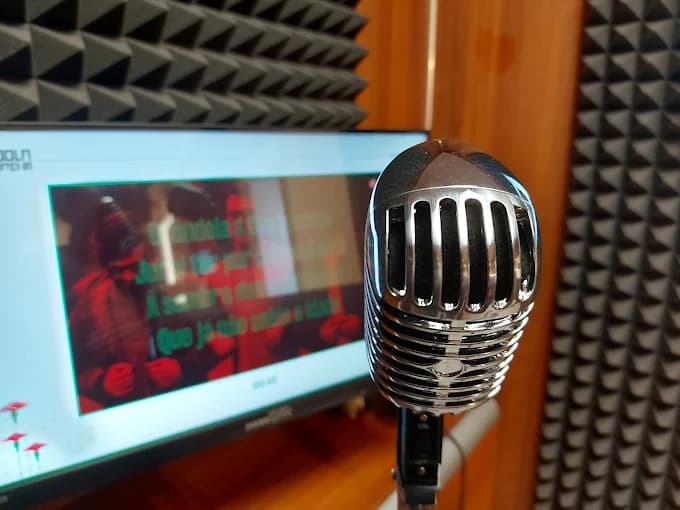 Inside the booth: a chrome microphone in front of the lyrics screen, acoustic foam on the walls