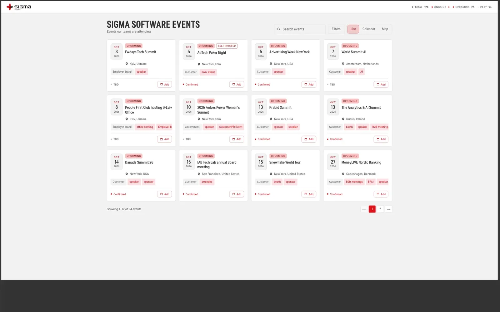 List of upcoming events as cards