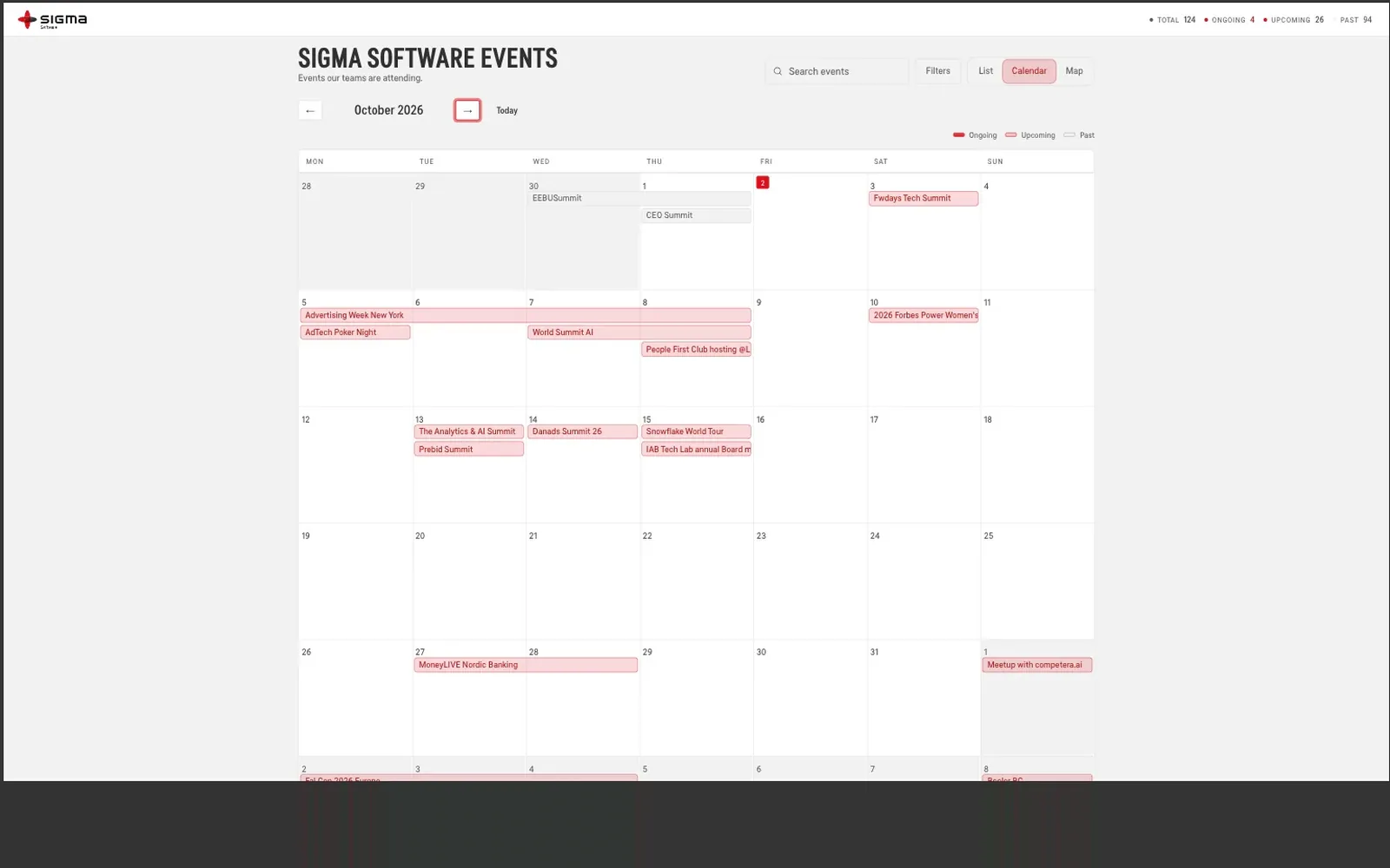 Month calendar view with multi-day events laid out in lanes