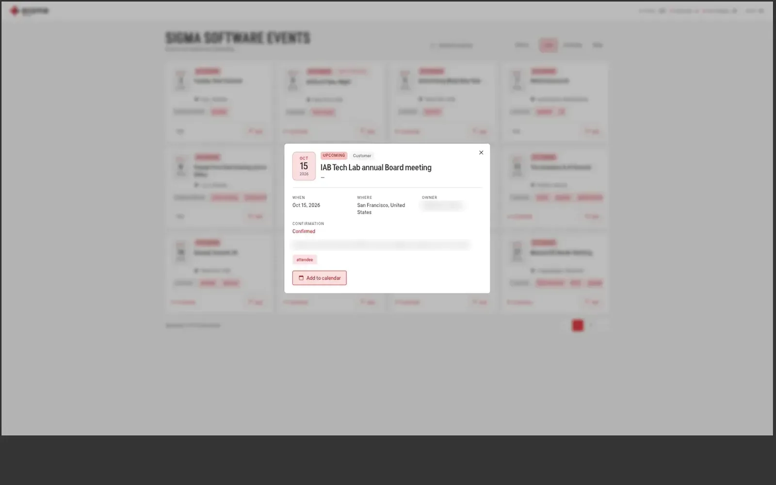 Event detail dialog with dates, venue, owner and an add-to-calendar button